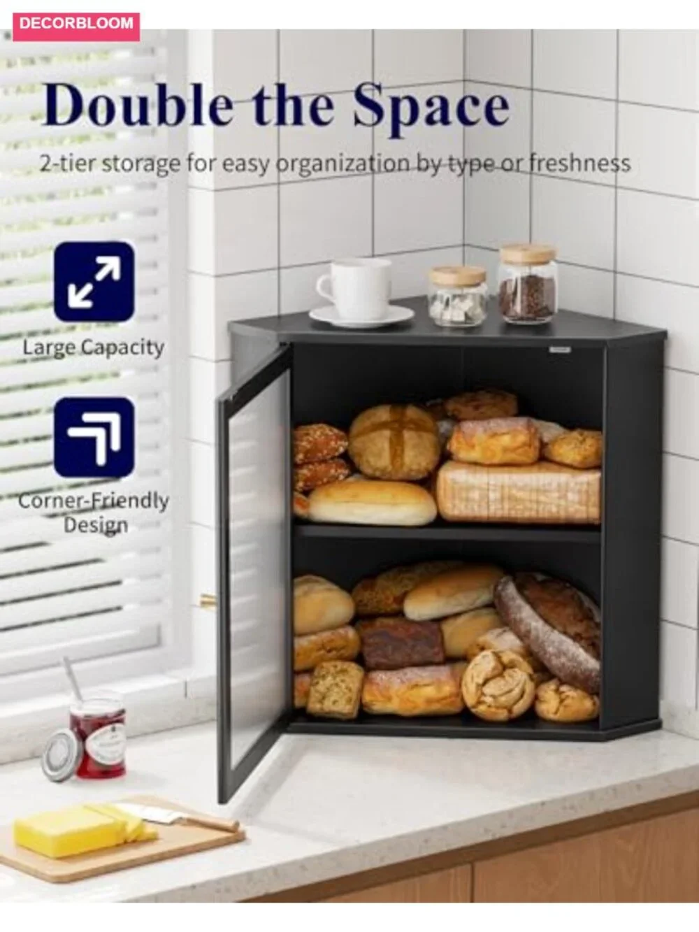 Wooden Corner Bread Box for Kitchen Countertop, Large, Bamboo